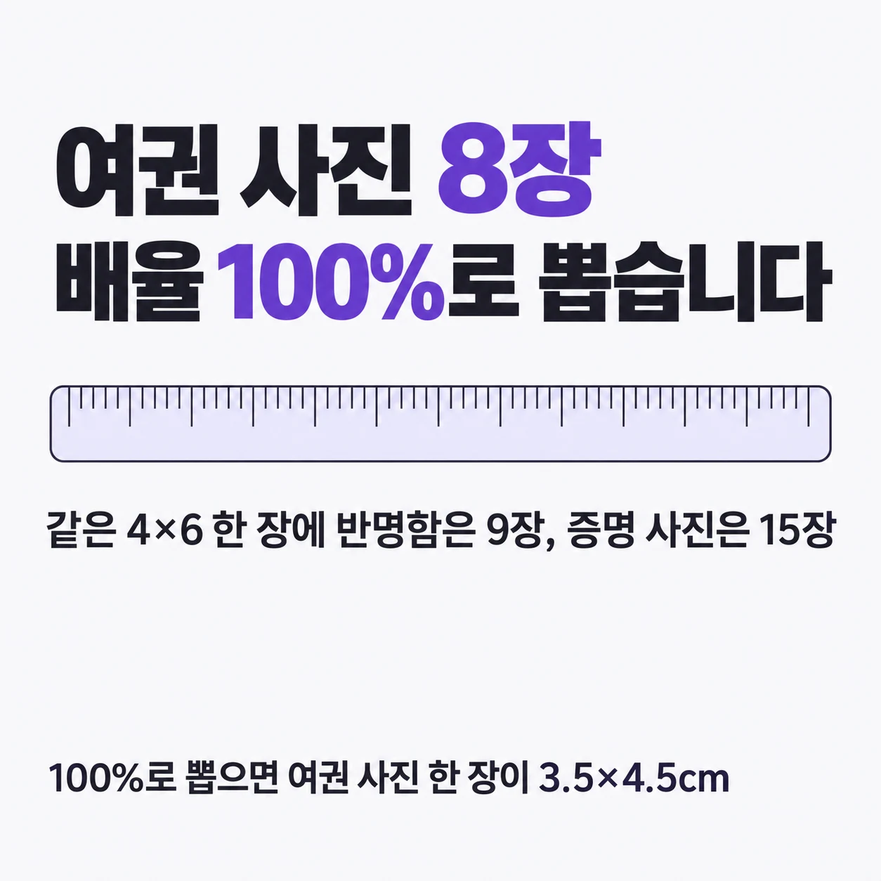 4×6 한 장에 여권 사진 8장이 들어가고, 배율 100%로 뽑는다. 같은 4×6 한 장에 반명함은 9장, 증명 사진은 15장이 들어간다. 100%로 뽑으면 여권 사진 한 장이 3.5×4.5cm로 나온다.