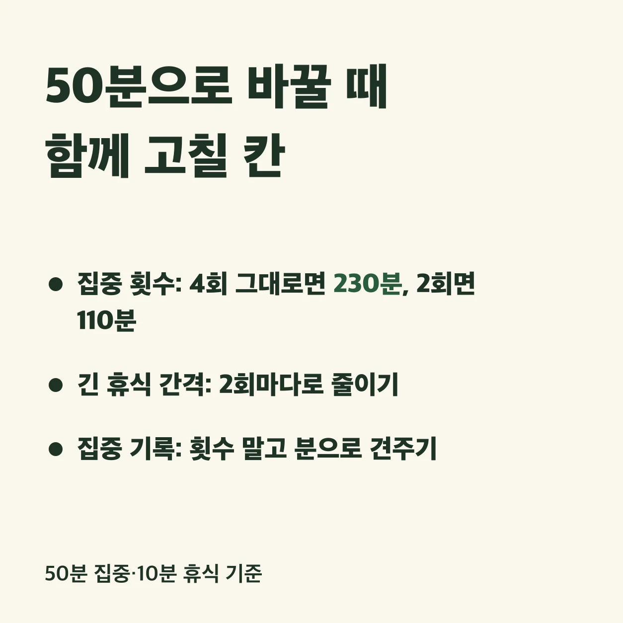 뽀모도로를 50분으로 바꿀 때 함께 고칠 칸. 집중 횟수를 4회 그대로 두면 230분, 2회로 줄이면 110분이 걸린다. 긴 휴식 간격은 2회마다로 줄인다. 집중 기록은 횟수 말고 분으로 견준다. 50분 집중·10분 휴식 기준.