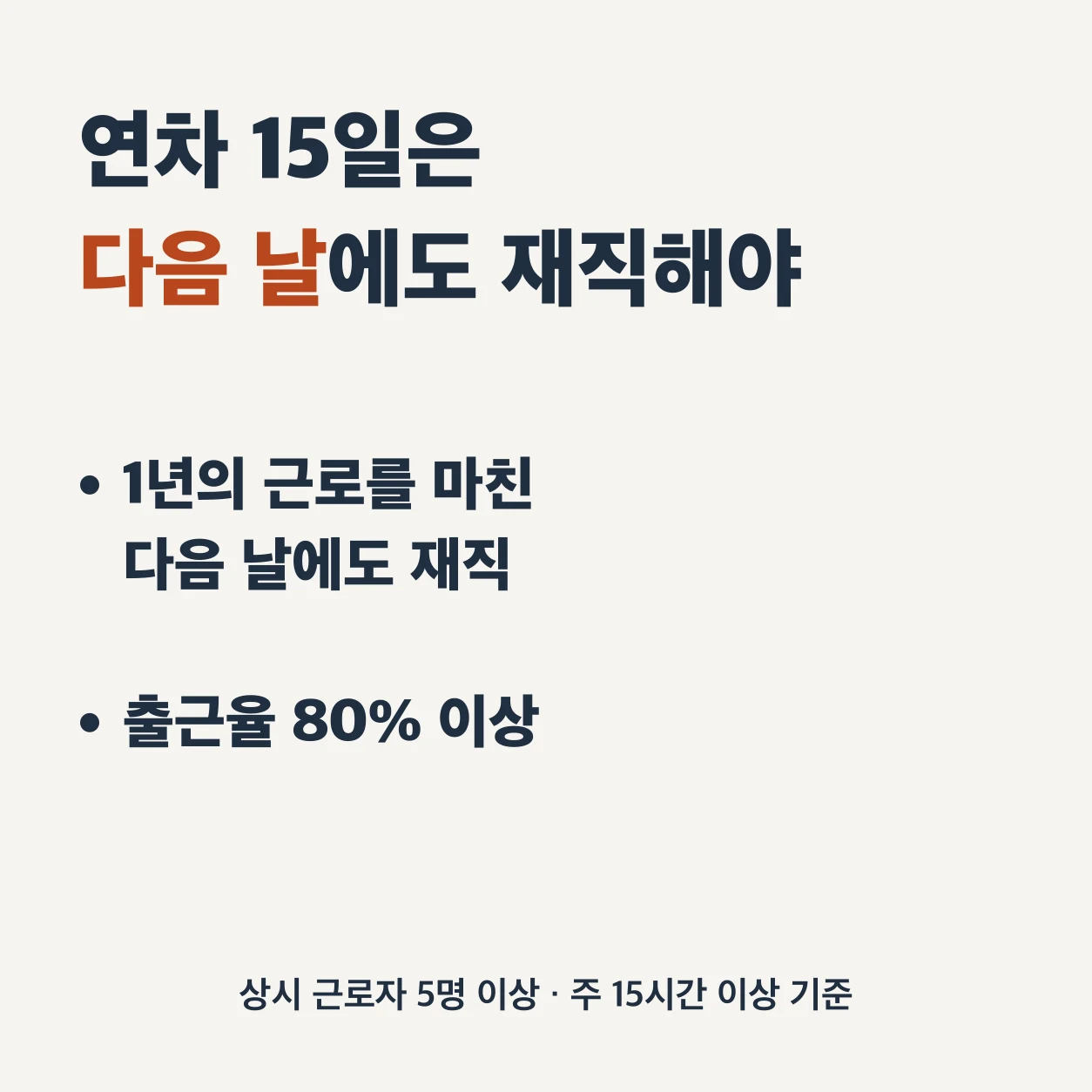 연차 15일은 1년의 근로를 마친 다음 날에도 재직하고 출근율이 80% 이상이어야 생긴다. 상시 근로자 5명 이상, 주 15시간 이상 기준이다.