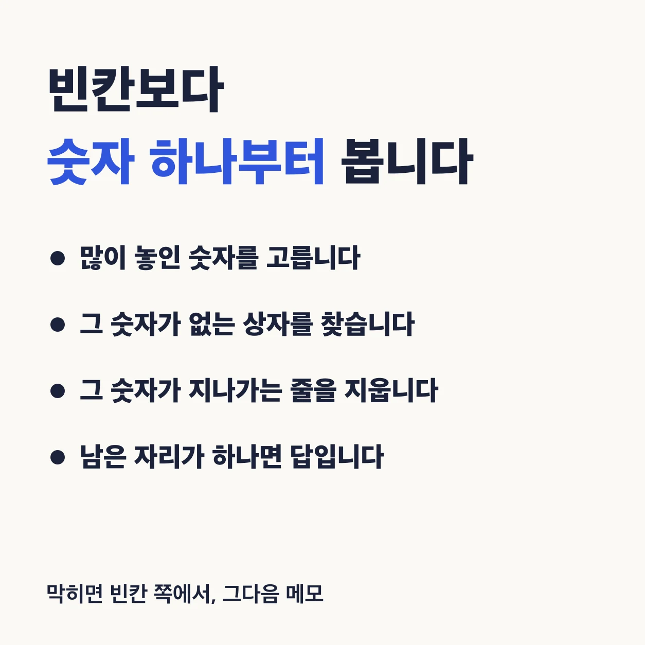 빈칸보다 숫자 하나부터 본다. 많이 놓인 숫자를 고르고, 그 숫자가 없는 상자를 찾고, 그 숫자가 지나가는 줄을 지운 뒤, 남은 자리가 하나면 그 칸이 답이다. 막히면 빈칸 쪽에서 보고, 그다음 메모를 쓴다.