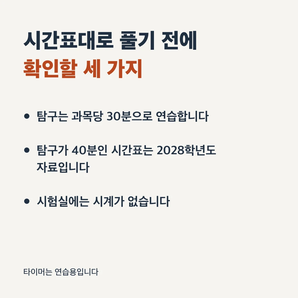 시간표대로 풀기 전에 확인할 세 가지. 탐구는 과목당 30분으로 연습한다. 탐구가 40분인 시간표는 2028학년도 자료다. 시험실에는 시계가 없다. 타이머는 연습용이다.